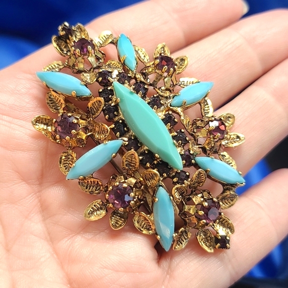Vintage AUSTRIA Turquoise Rhinestone Brooch Purple Crystal Pin Ornate Antique - Picture 3 of 16